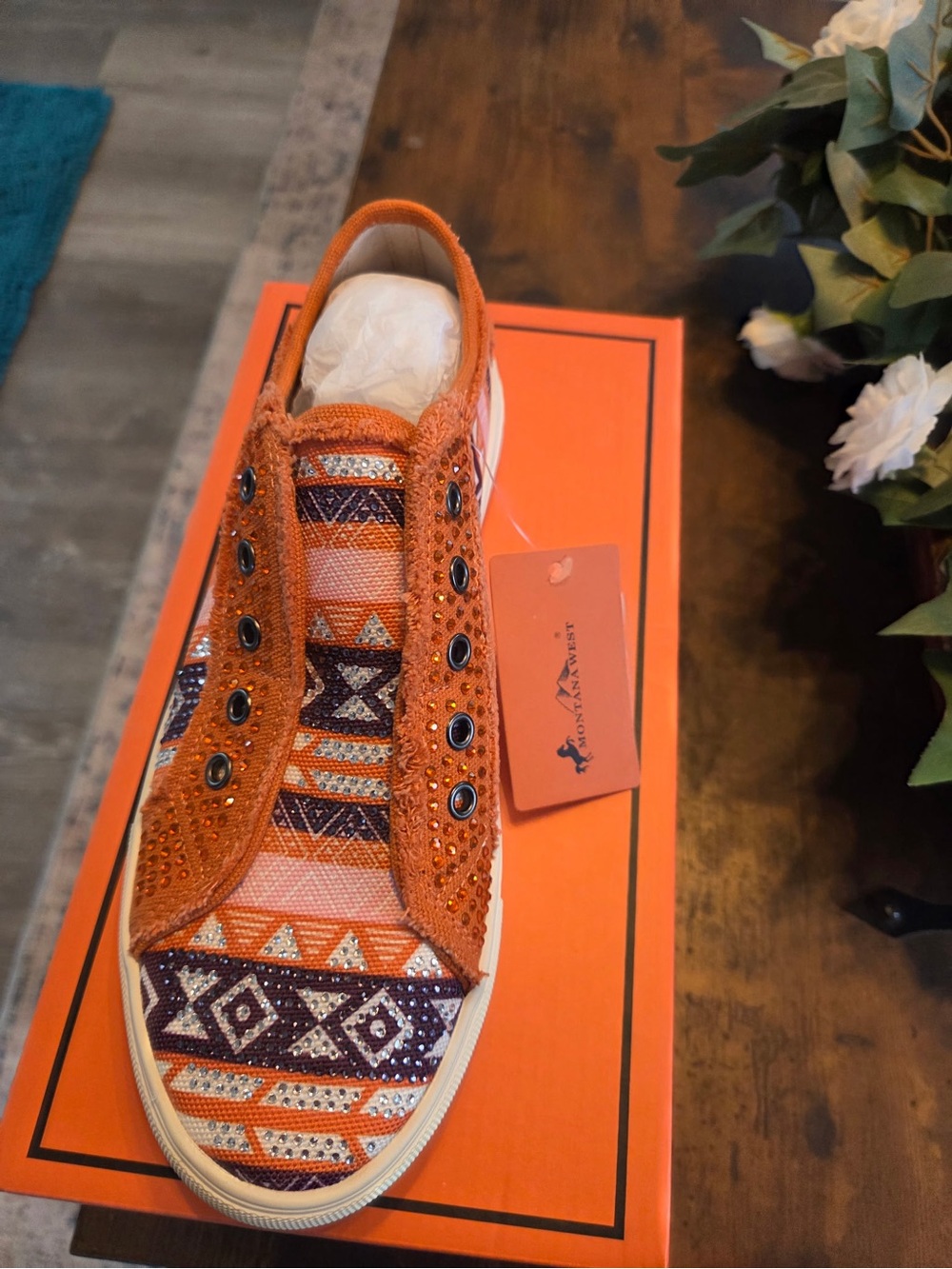 Montana West Orange Patterned Slip-On Sneaker with Crystal Accents